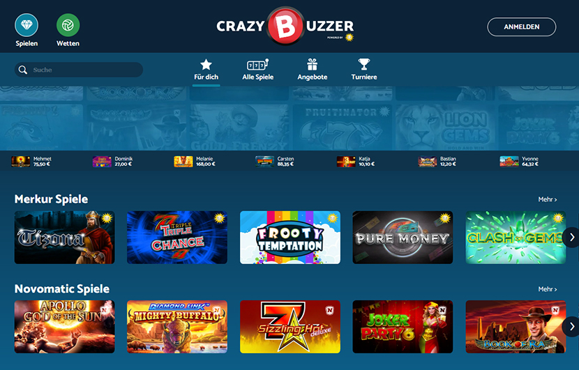 Die Startseite des CrazyBuzzer Casinos.